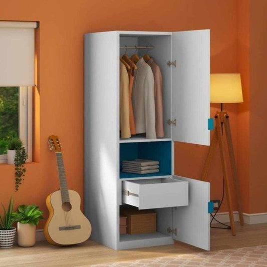 Compact 1 door MDF wardrobe with blue shelf