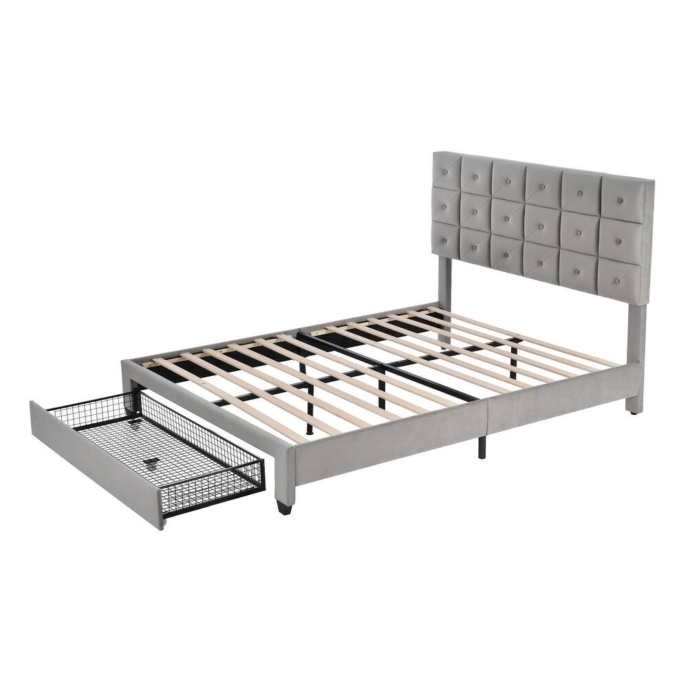 Platform bed with two nightstands and an upholstered headboard