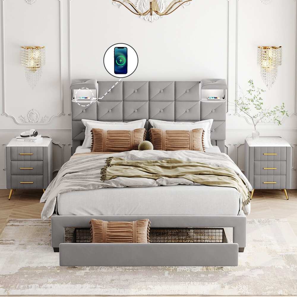 Platform bed with two nightstands and an upholstered headboard