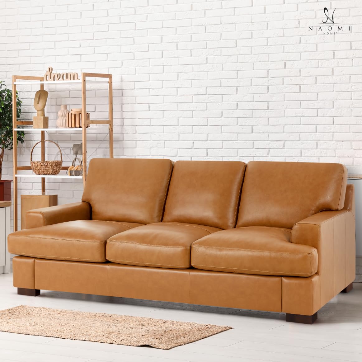 Siggy Genuine Leather Square Arm Sofa with Sturdy Block Legs - Luxurious Comfort, Goose Feather Cushion - Ideal for Living Room