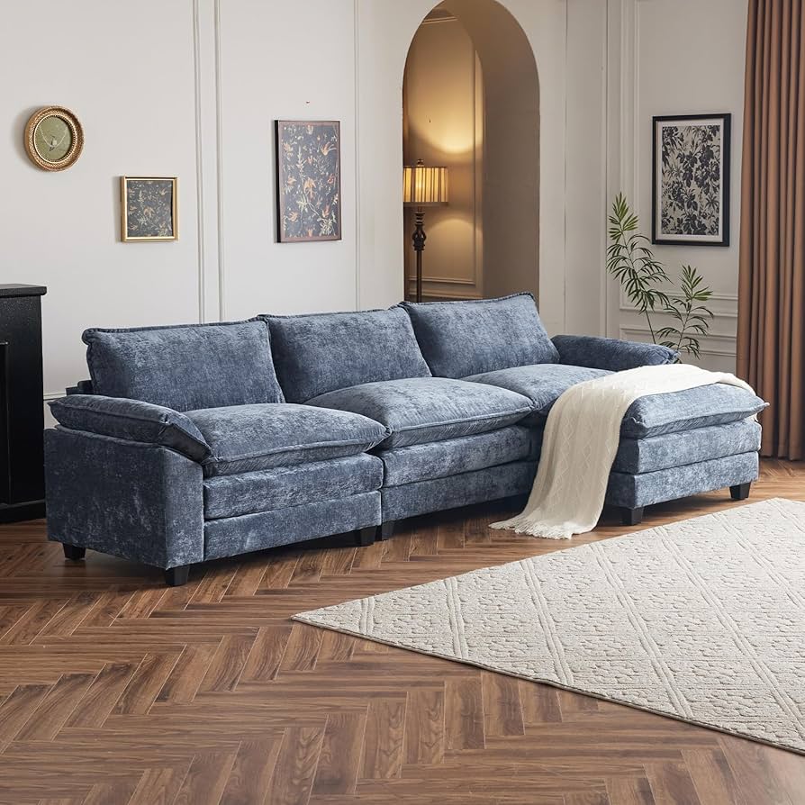 3-Seater Modular Sofa with Footstool Black Chenille – Zavior Dubai