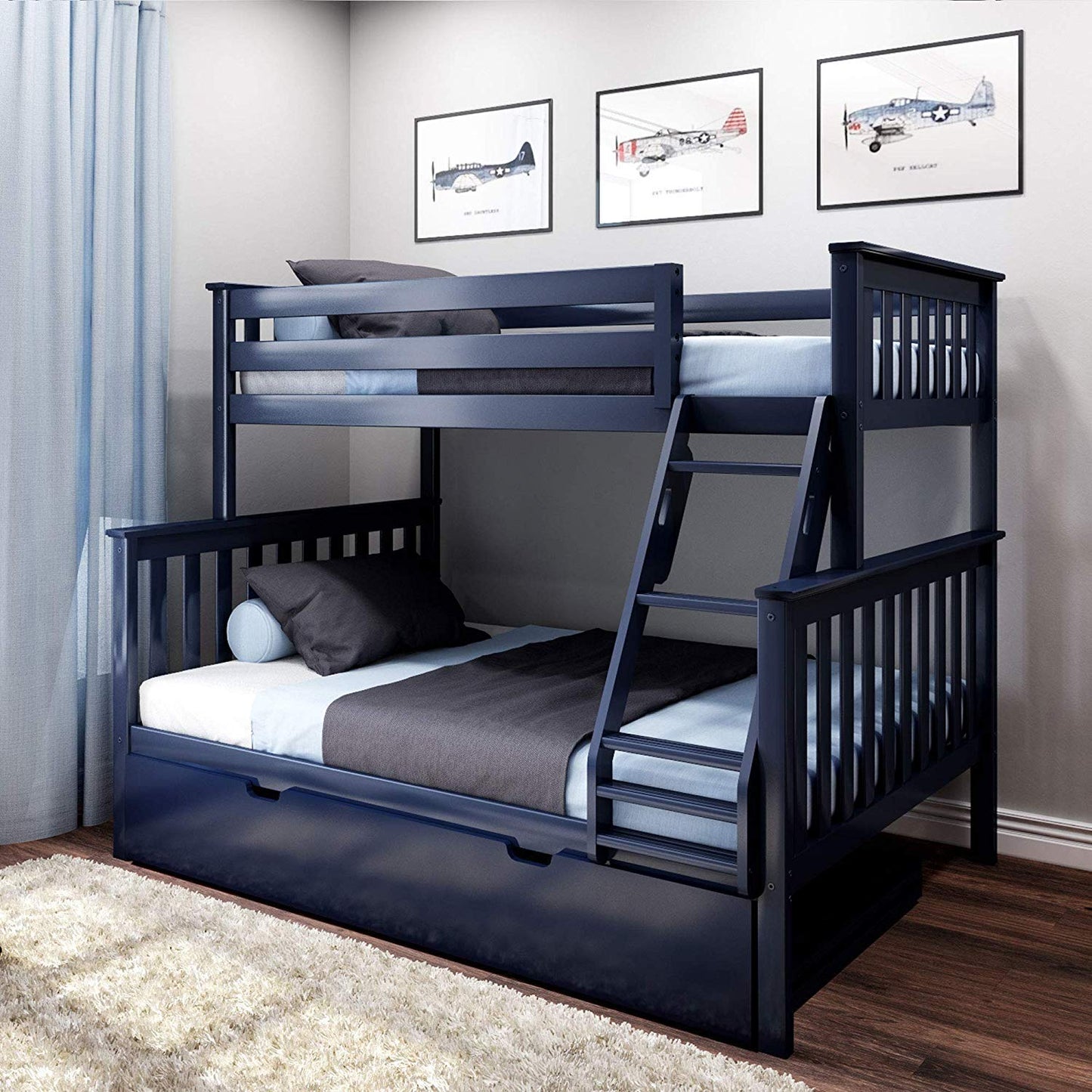 Twin over Full Bunk Bed with Trundle Bed - White