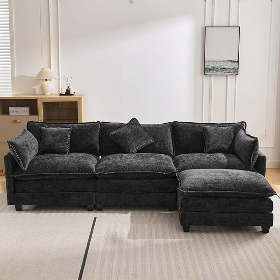 3-Seater Modular Sofa with Footstool Black Chenille – Zavior Dubai