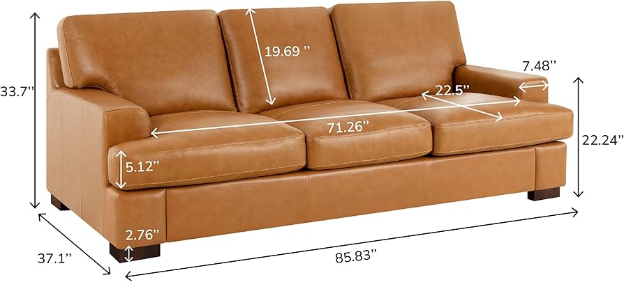 Siggy Genuine Leather Square Arm Sofa with Sturdy Block Legs - Luxurious Comfort, Goose Feather Cushion - Ideal for Living Room