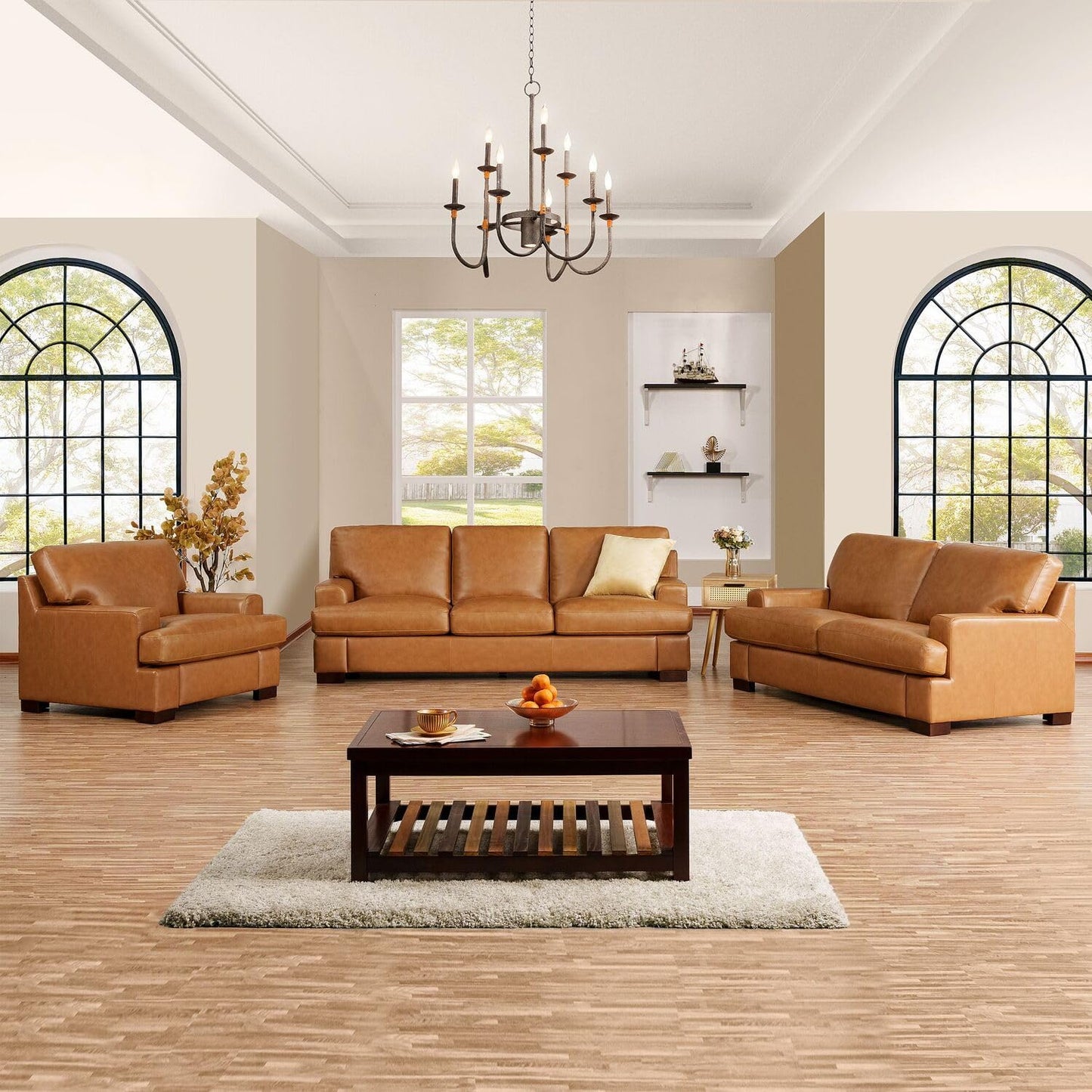 Siggy Genuine Leather Square Arm Sofa with Sturdy Block Legs - Luxurious Comfort, Goose Feather Cushion - Ideal for Living Room