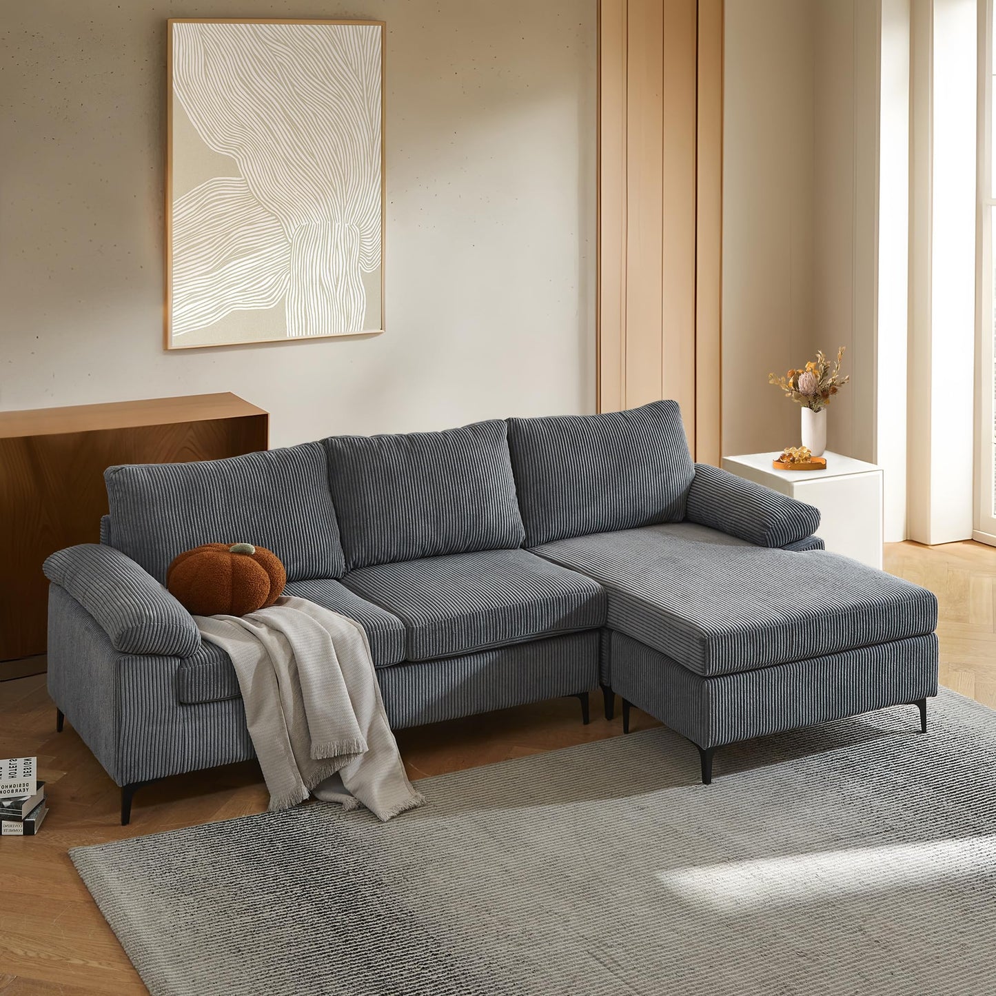 HOOOWOOO Modern L-shaped Corduroy Fabric Chaise Sofa