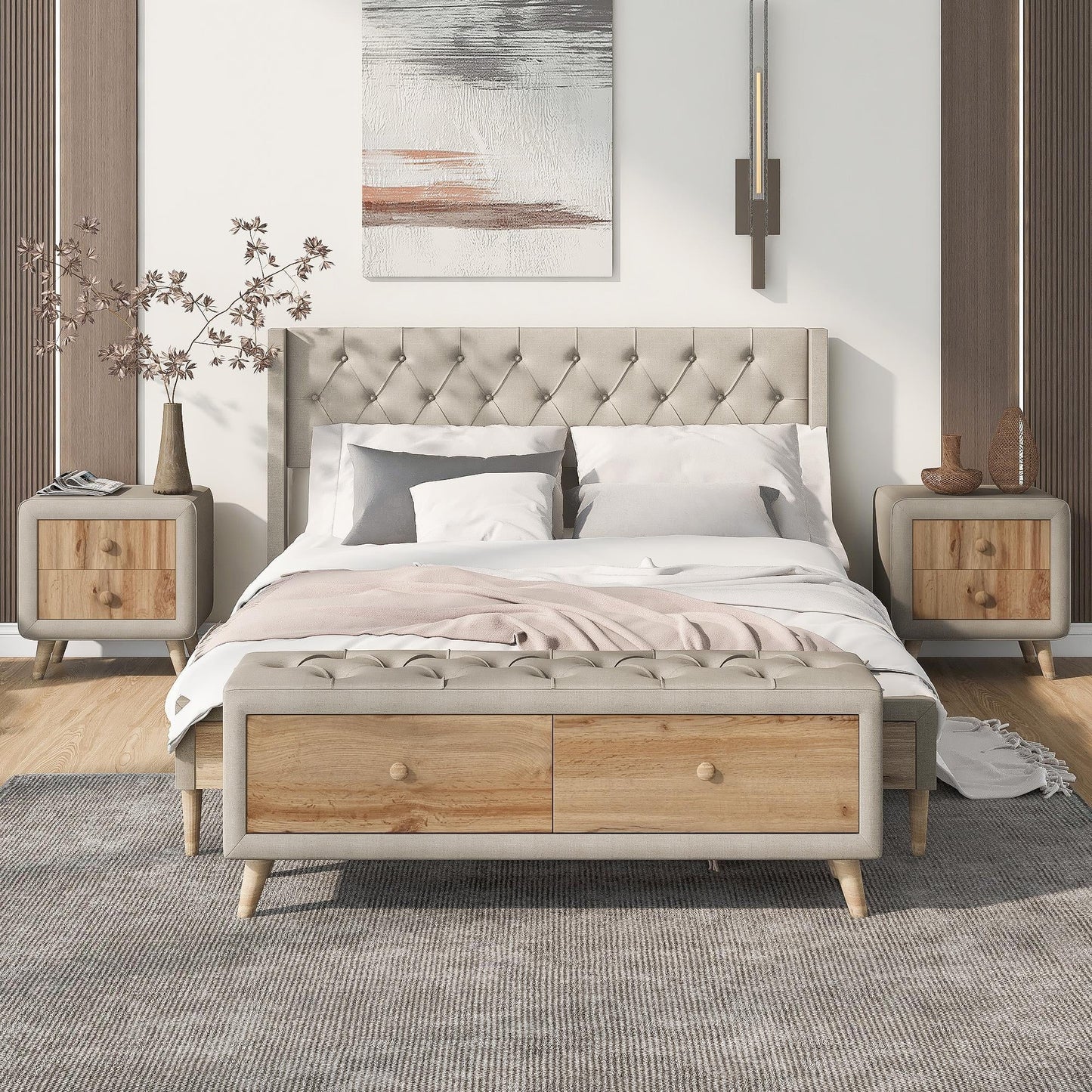Platform bed with two nightstands and bench in full size Zavior furniture