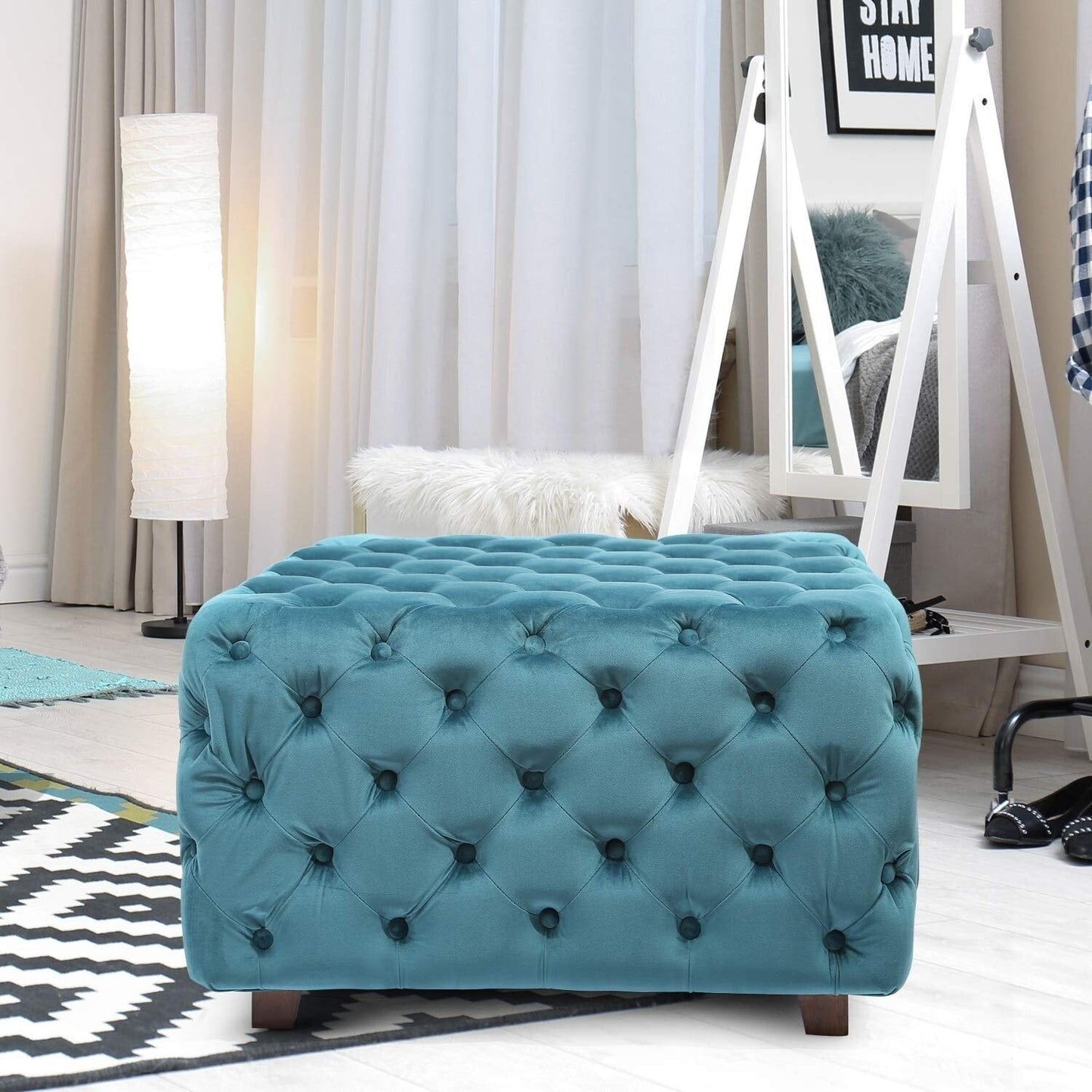 BLUE Square Tufted Fabric, Bench