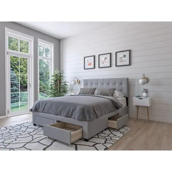 Storage Bed With Grey Fabric Covering