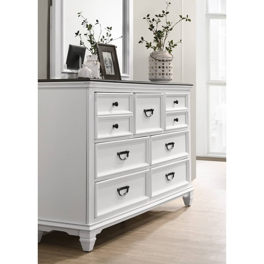 Roundhill Furniture Clelane Wood Bedroom Set with Bed, Dresser, Mirror, Two Nightstands, and Chest in Weathered White and Grey