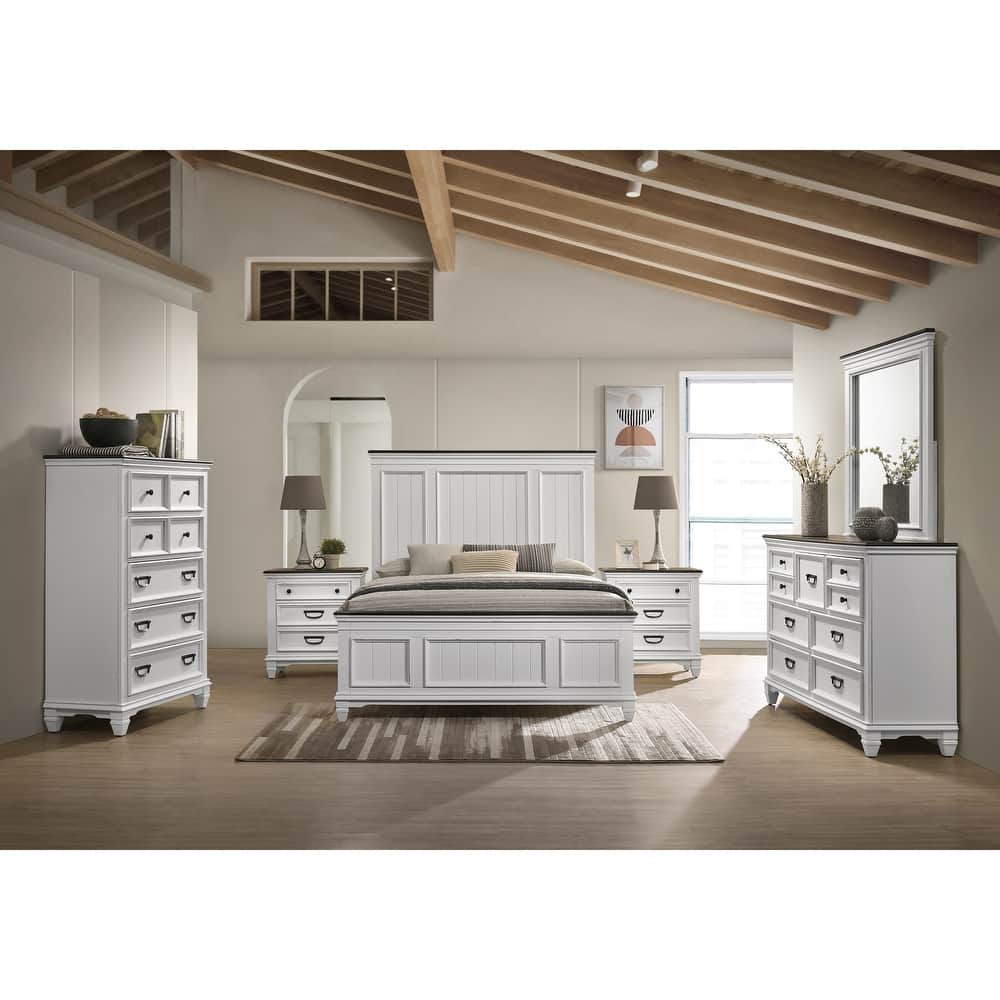 Roundhill Furniture Clelane Wood Bedroom Set with Bed, Dresser, Mirror, Two Nightstands, and Chest in Weathered White and Grey