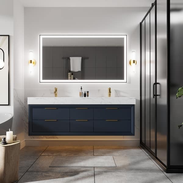ExBrite 60" x 21" Modern LED Bathroom Vanity with Sink and Bottom Lighting - Blue