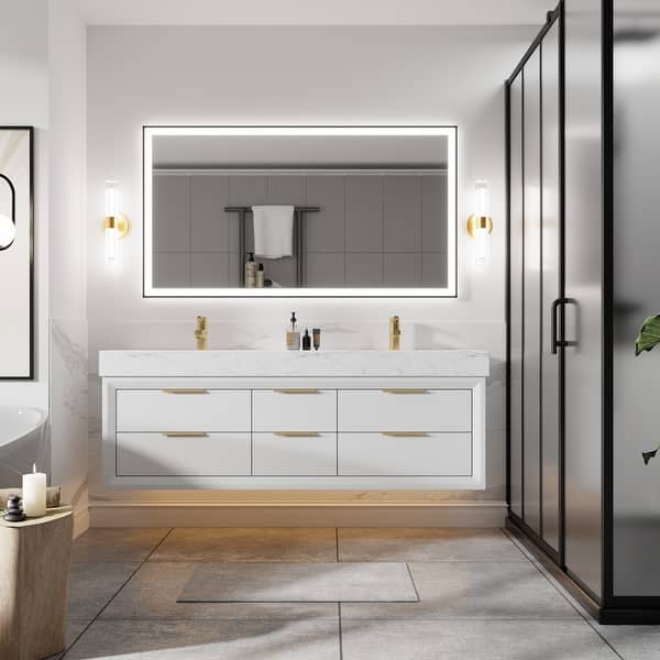ExBrite 60" x 21" Modern LED Bathroom Vanity with Sink and Bottom Lighting - Blue