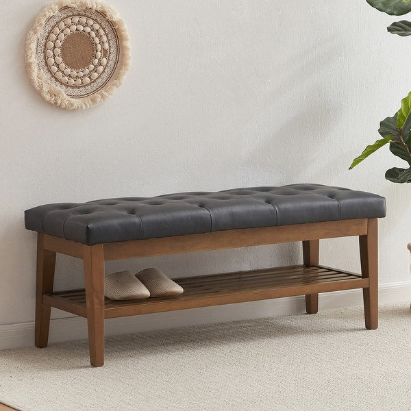 Entryway Shoe Bench Fabric Solid Wood, 43-inch Upholstered Bench for Living Room, Bedrooms, Kitchen - Brown