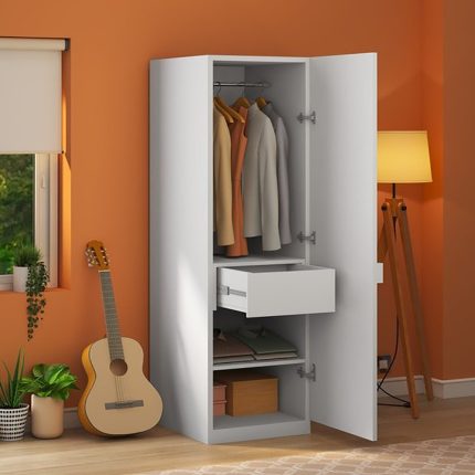 Compact 1 door MDF wardrobe with blue shelf