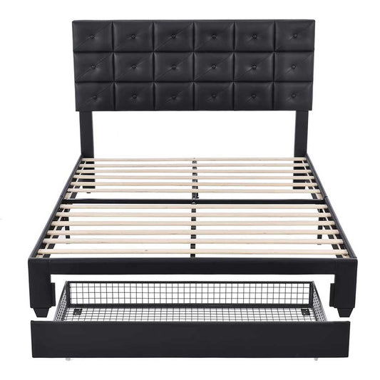 Platform bed with two nightstands and an upholstered headboard