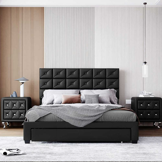 Platform bed with two nightstands and an upholstered headboard
