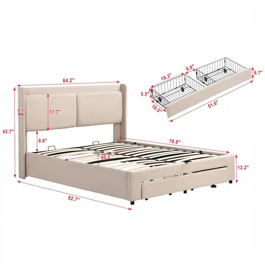 Queen Size Storage Upholstered Hydraulic Platform Bed with 2 Drawers