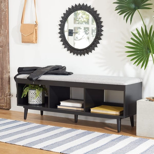 SAFAVIEH Cricket Mid-Century Modern Open Shelf Storage Bench with Cushion - Cream Linen/Natural Acacia
