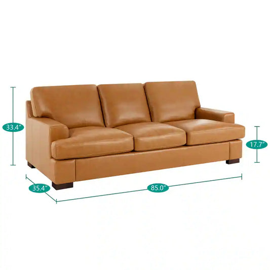 Siggy Genuine Leather Square Arm Sofa with Sturdy Block Legs - Luxurious Comfort, Goose Feather Cushion - Ideal for Living Room