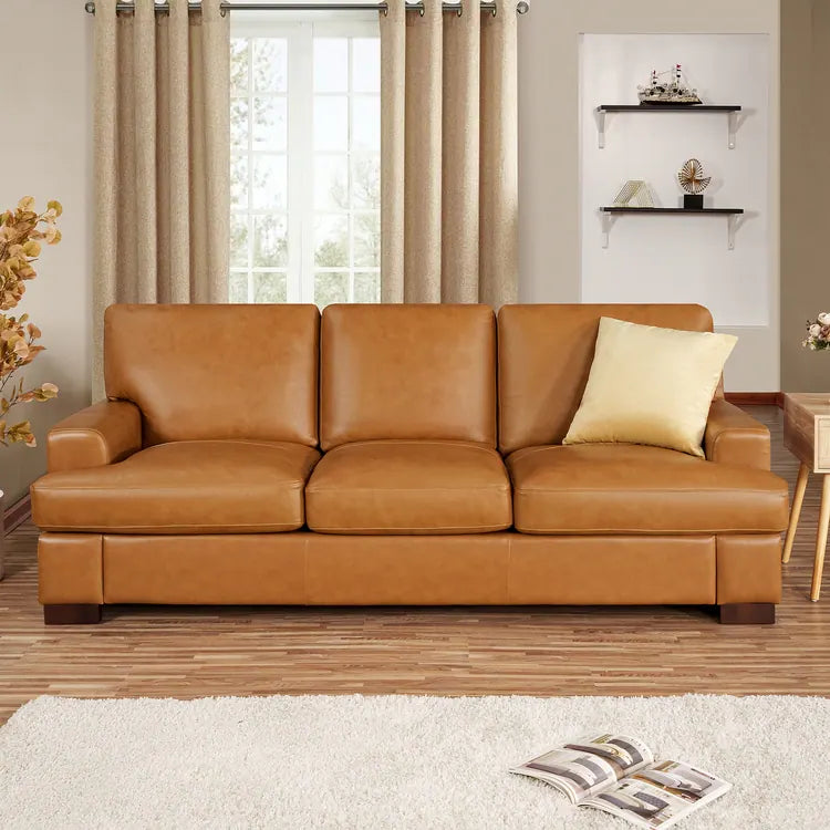 Siggy Genuine Leather Square Arm Sofa with Sturdy Block Legs - Luxurious Comfort, Goose Feather Cushion - Ideal for Living Room