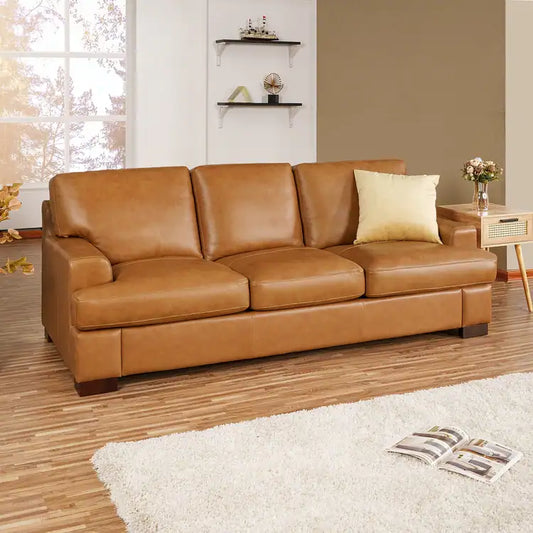 Siggy Genuine Leather Square Arm Sofa with Sturdy Block Legs - Luxurious Comfort, Goose Feather Cushion - Ideal for Living Room