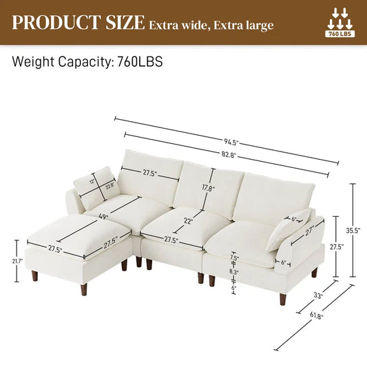 Ouyessir Overstuffed Modular Sectional L-Shaped Sofa Chenille Fabric with Ottoman Reversible - White