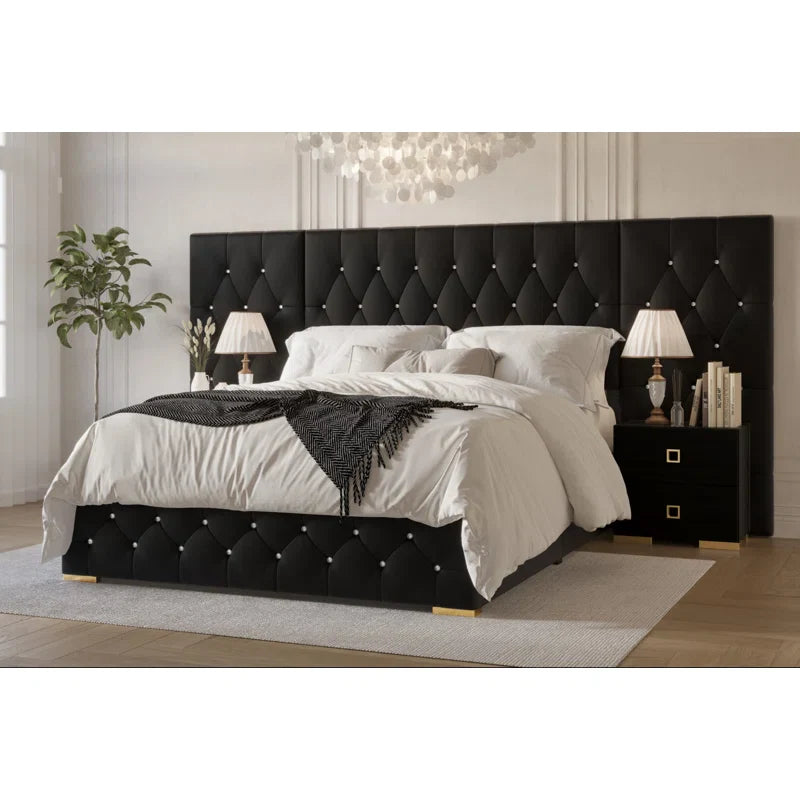 CraftPorch 3 Piece Bedroom Nightstands Set Luxurious Velvet Tufted Platform Bed