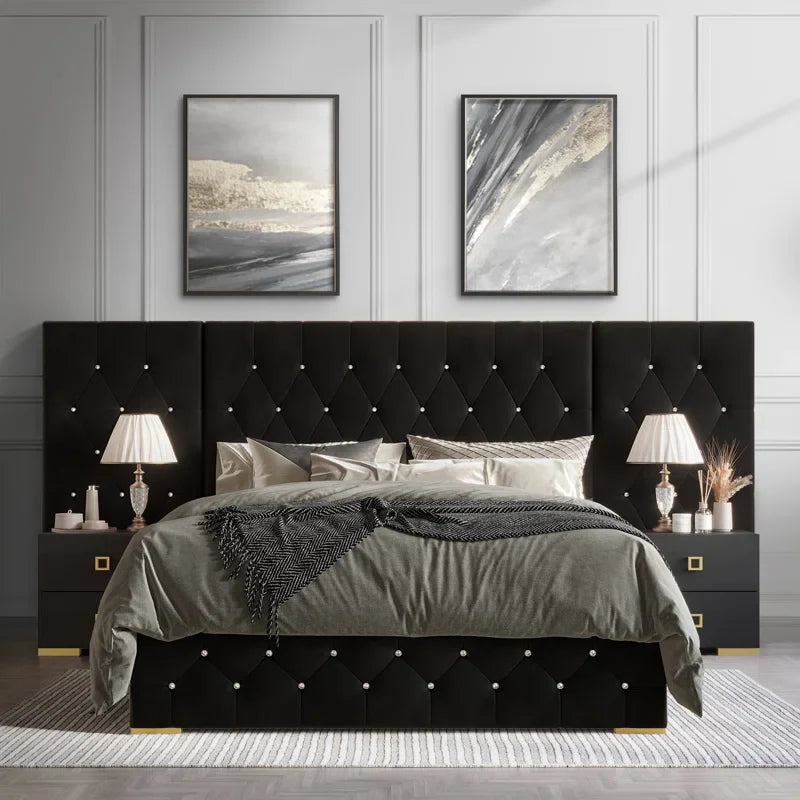 CraftPorch 3 Piece Bedroom Nightstands Set Luxurious Velvet Tufted Platform Bed