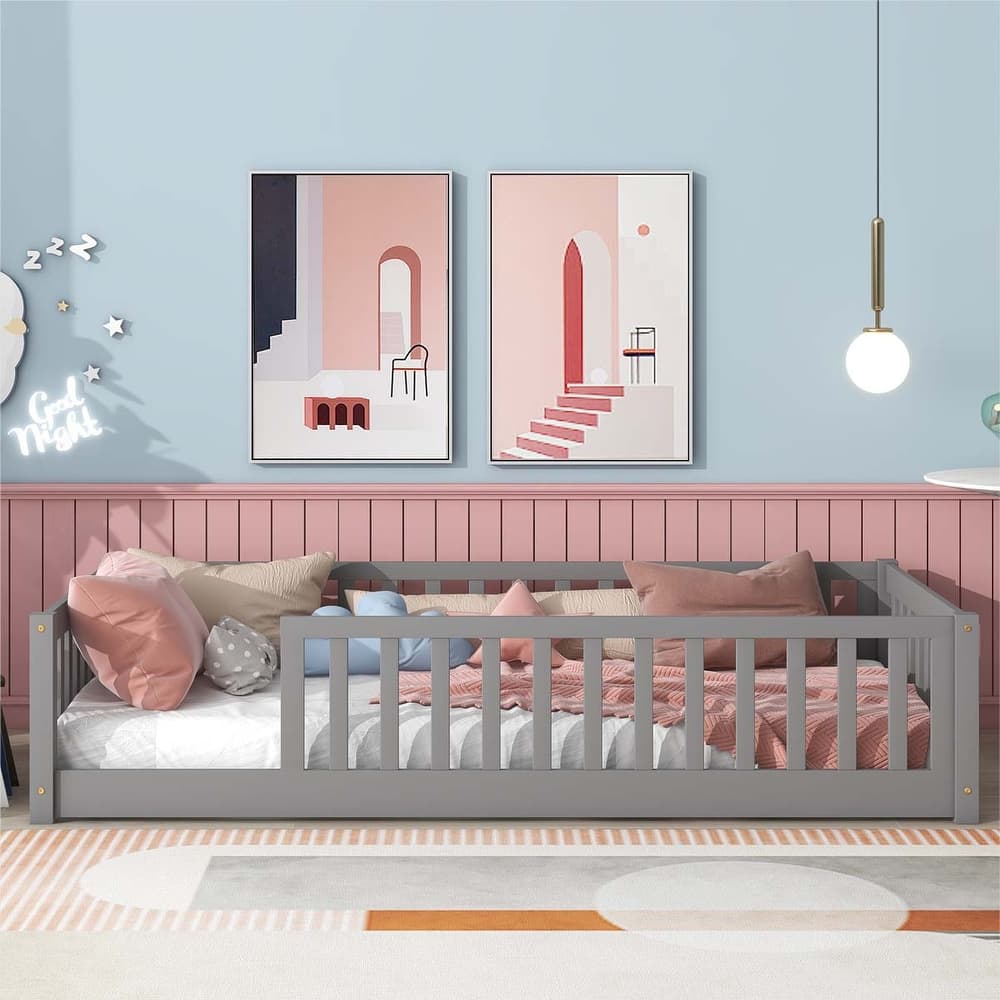 Twin Floor Platform Bed with Fence without Door