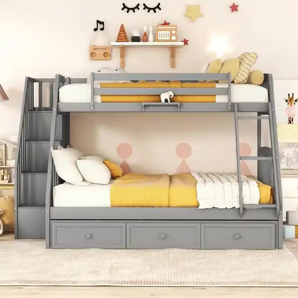 Twin-Over-Full Bunk Bed with Drawers, Ladder, and Storage Staircase - White
