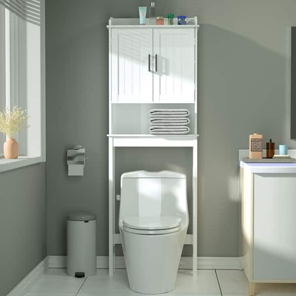 Bathroom Over The Toilet Storage Cabinet Organizer With Doors and Shelves - Grey