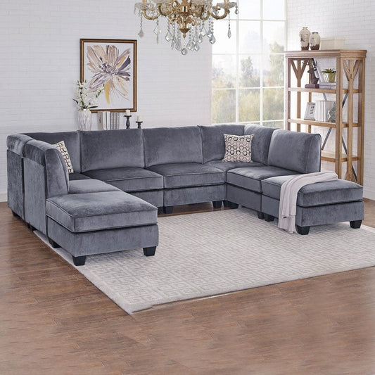 Velvet Grey Modular Sectional Sofa with Ottoman | Zavior Furniture UAE
