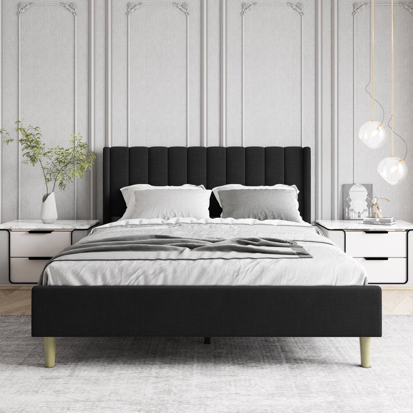 Alazyhome Upholstered Platform Bed Frame with Wingback Headboard