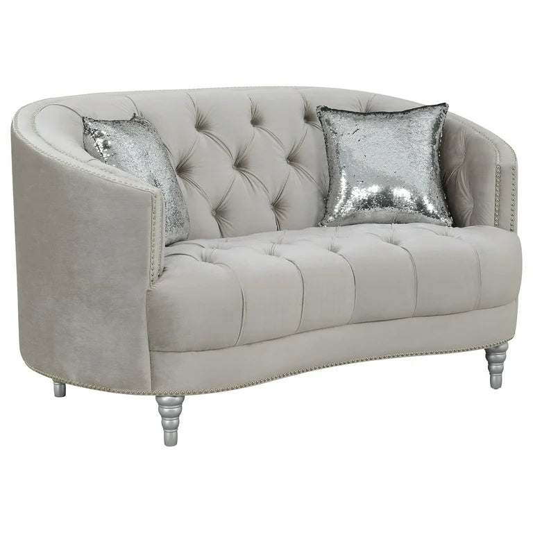 Traditional gray fabric tufted curved back sofa