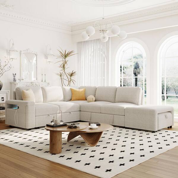 Beige 90.6" L-Shaped Sectional Sofa with Storage
