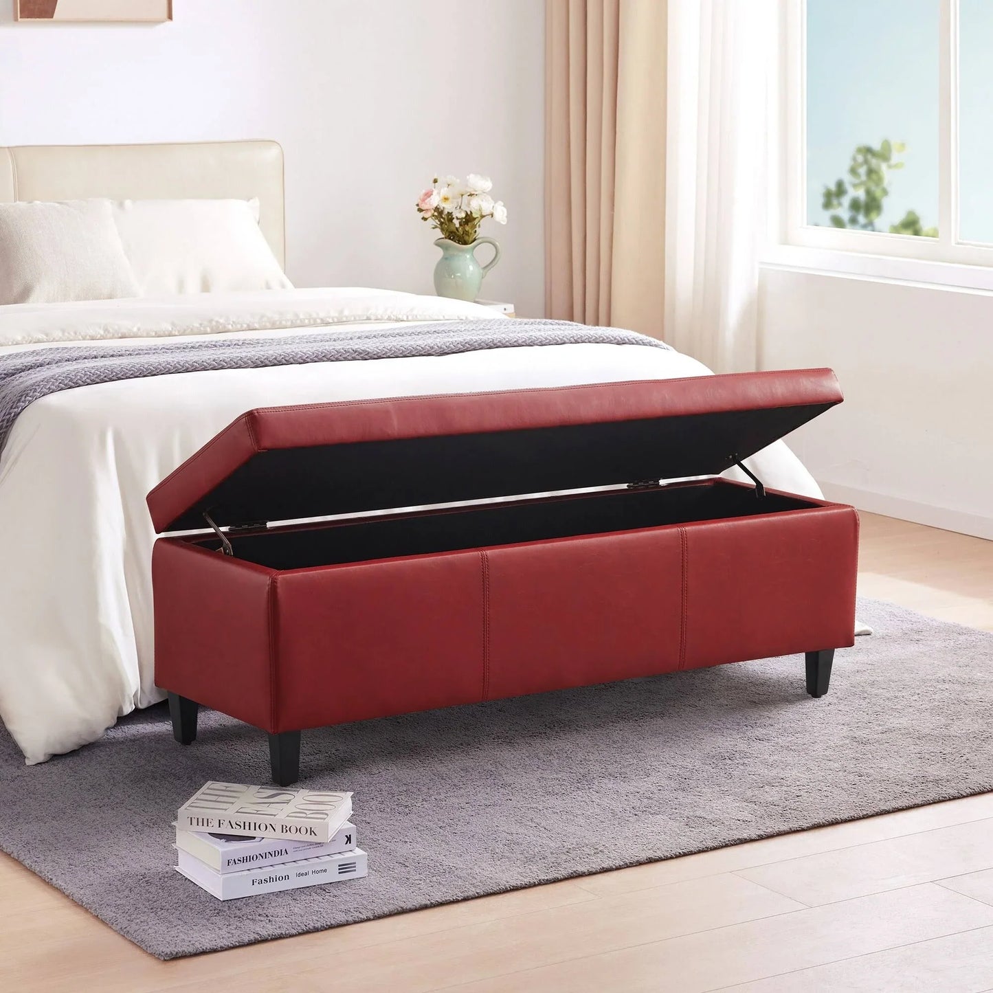 HUIMO 50.3" x 17.50" x 18" Upholstered Rectangular Storage Ottoman-Faux Leather