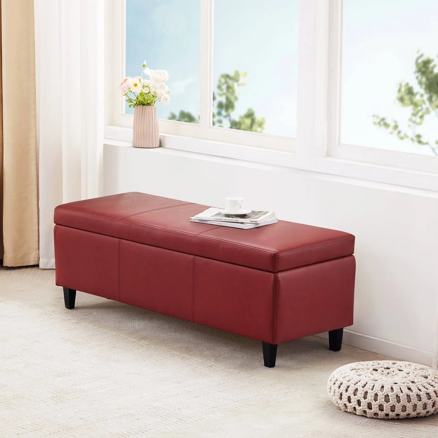 HUIMO 50.3" x 17.50" x 18" Upholstered Rectangular Storage Ottoman-Faux Leather