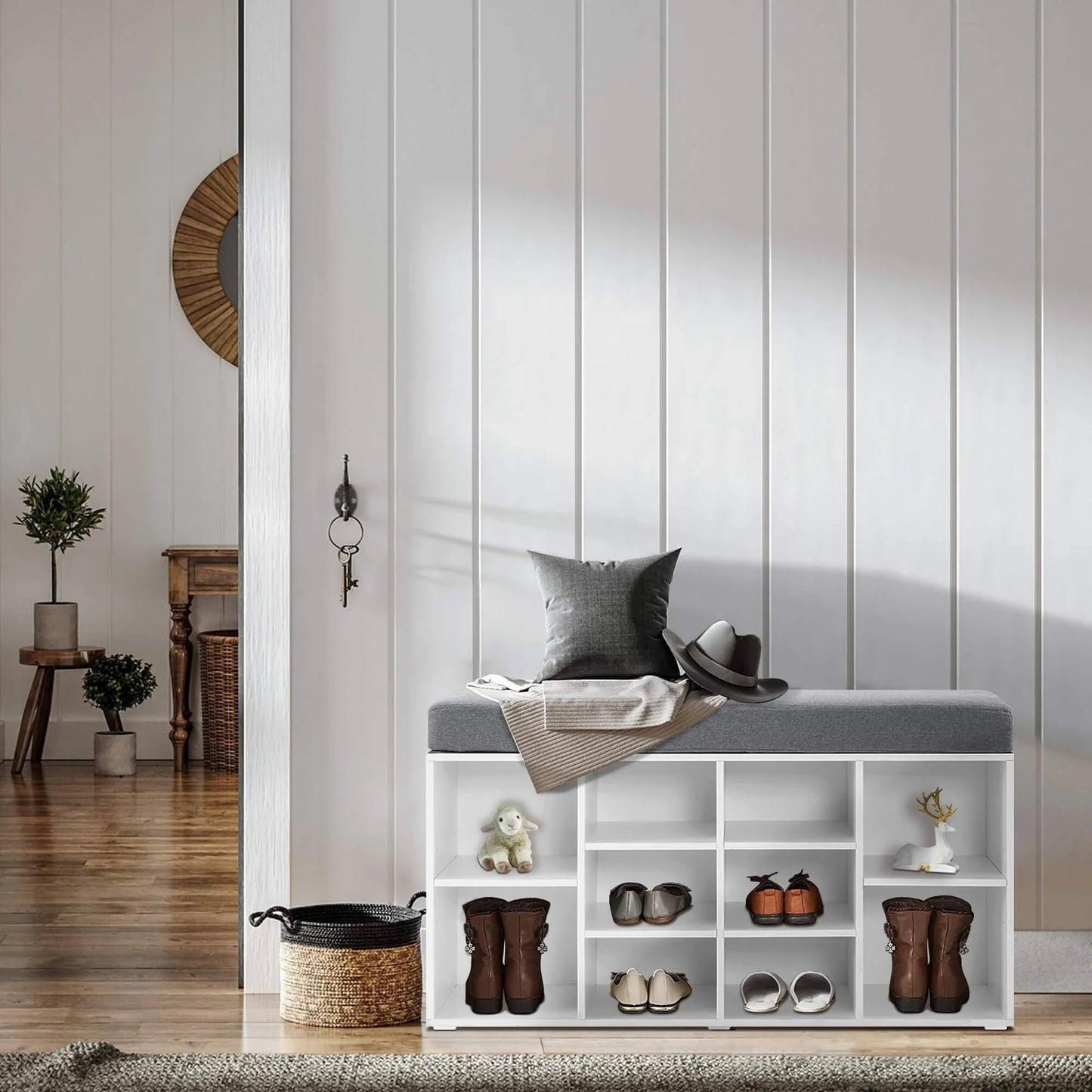 Luxurious Shoe Storage Bench with Cushion and 10 Cubbies – Perfect for Dubai Homes