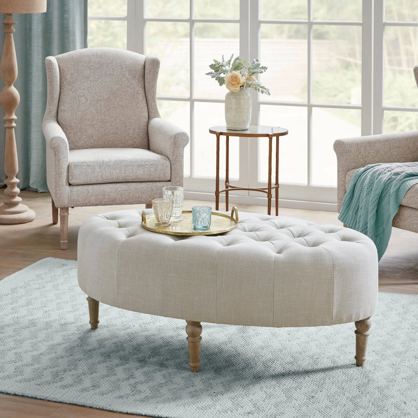 Wide Tufted Oval Standard Ottoman