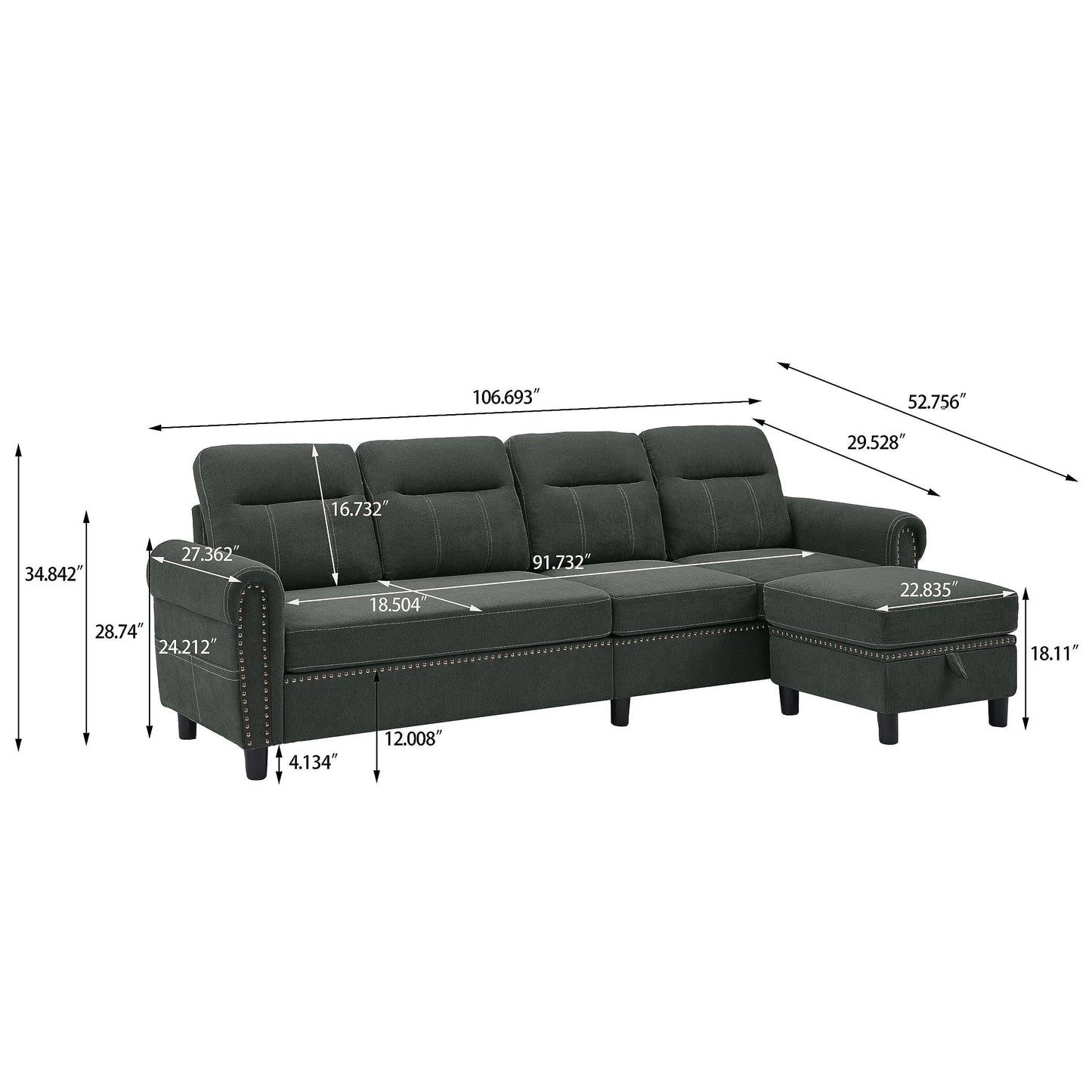 Modern 4-Seater L-Shaped Sectional Sofa with Storage Ottoman
