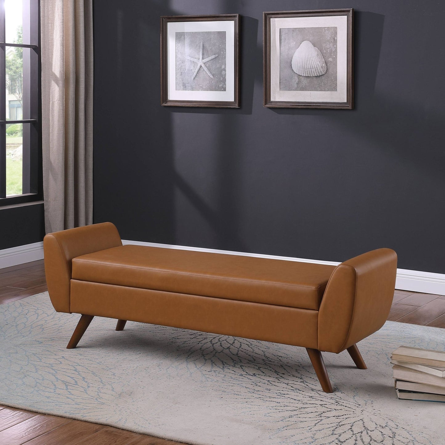 HomePop Modern Sherpa Storage Bench with Wood Legs - Cream