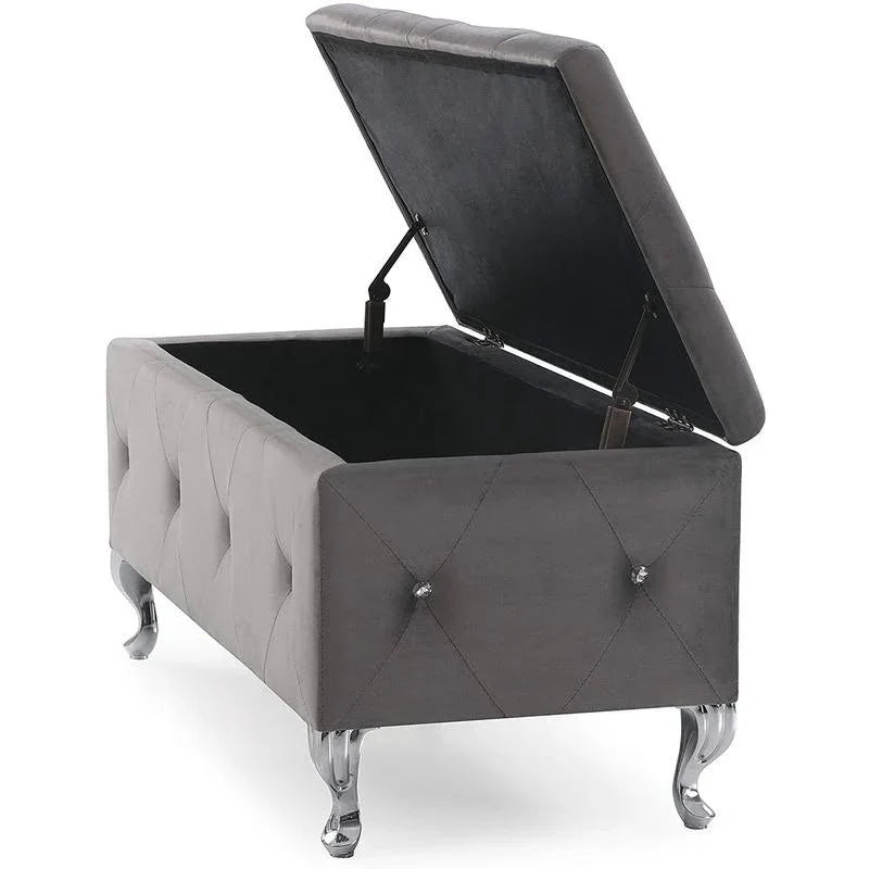 Elegant Upholstered Tufted Storage Bench - Grey | Timeless Design for Dubai Homes