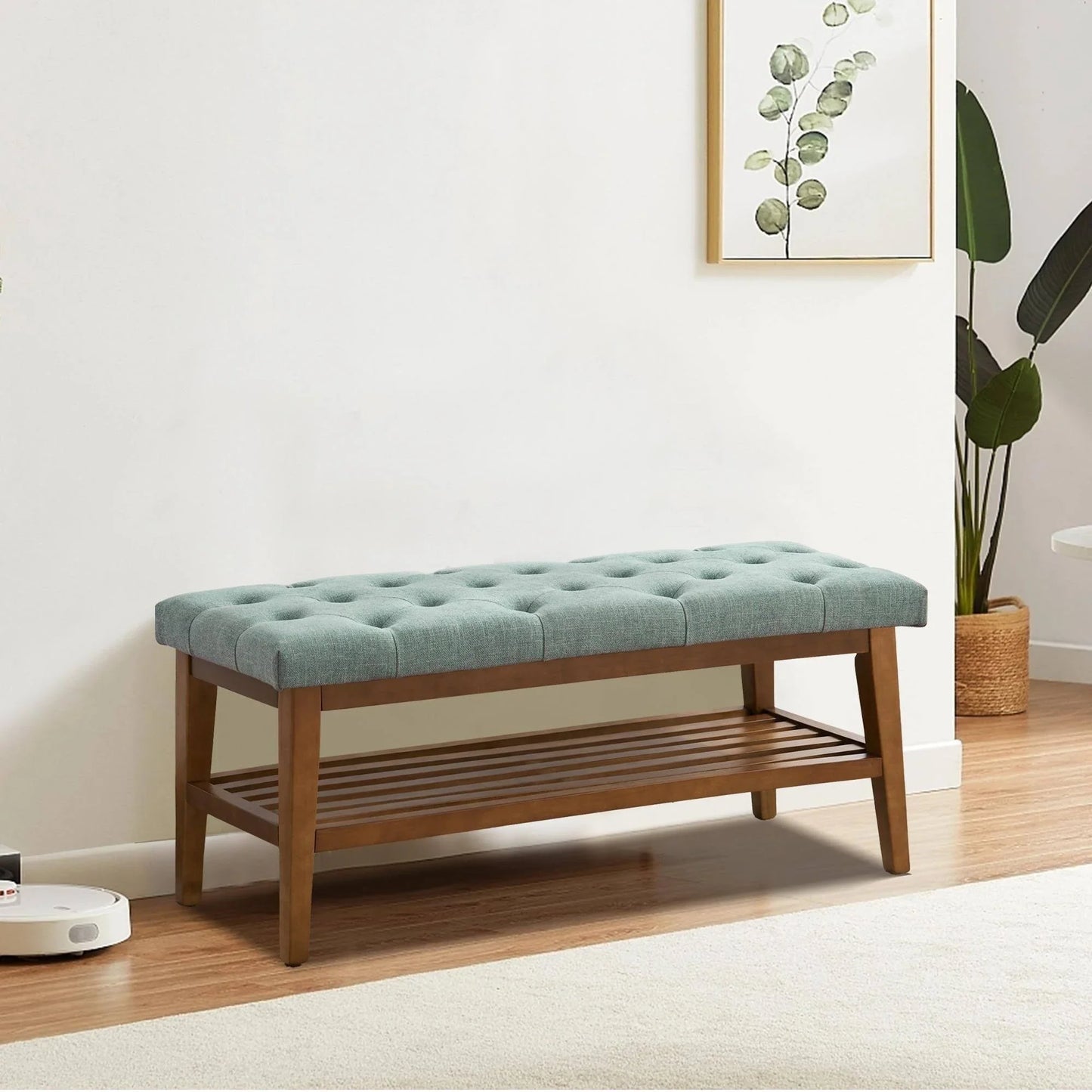 Entryway Shoe Bench Fabric Solid Wood, 43-inch Upholstered Bench for Living Room, Bedrooms, Kitchen - Brown