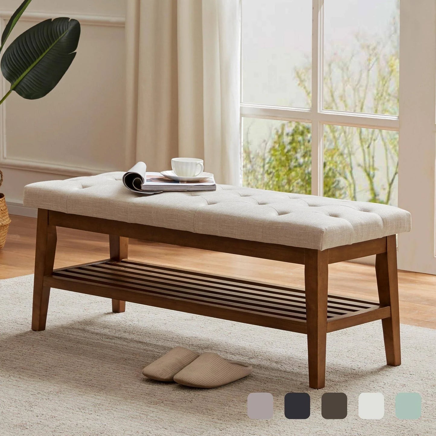 Entryway Shoe Bench Fabric Solid Wood, 43-inch Upholstered Bench for Living Room, Bedrooms, Kitchen - Brown