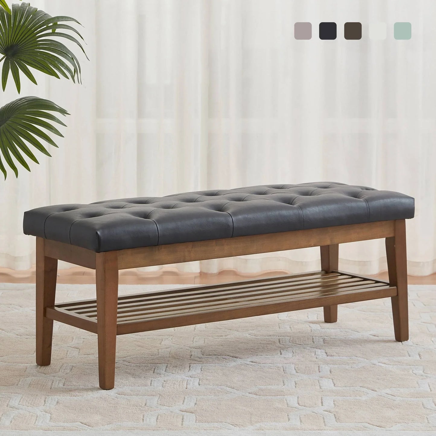 Entryway Shoe Bench Fabric Solid Wood, 43-inch Upholstered Bench for Living Room, Bedrooms, Kitchen - Brown