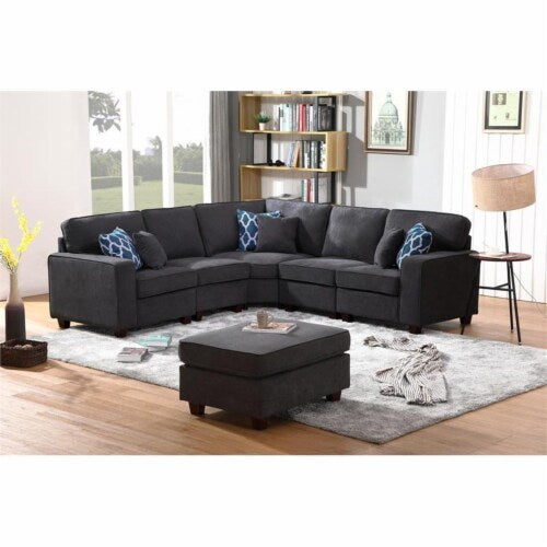 Gray Woven 6Pc Modular Sectional Sofa with Ottoman
