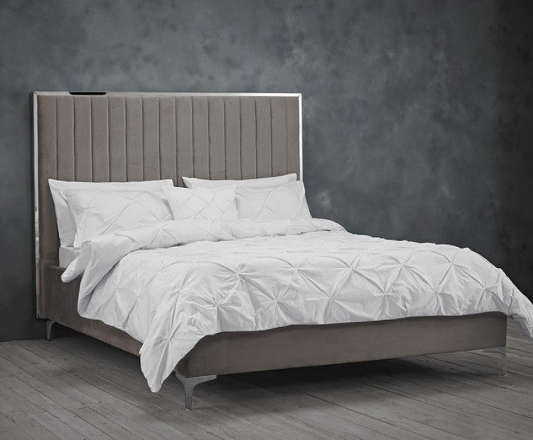 Grey Velvet King Size Bed Frame with Mirrored Headboard