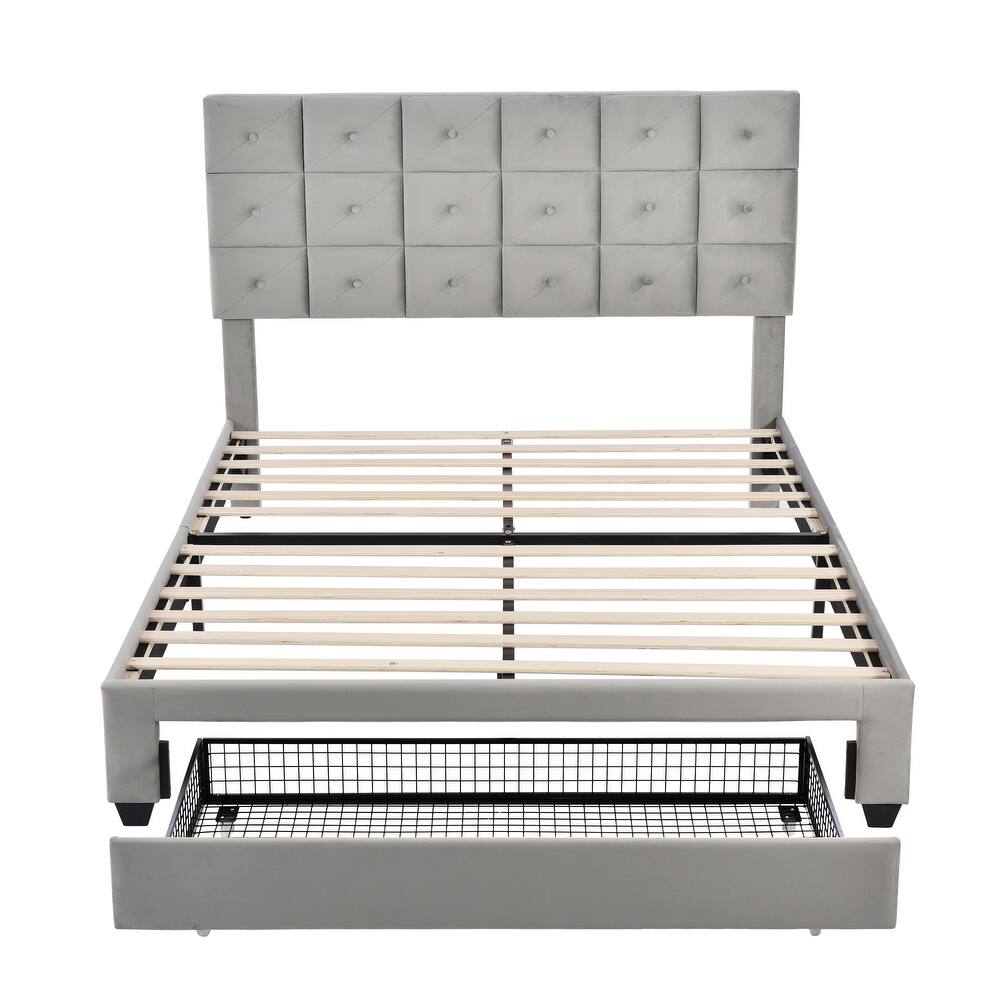Platform bed with two nightstands and an upholstered headboard