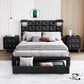 Platform bed with two nightstands and an upholstered headboard